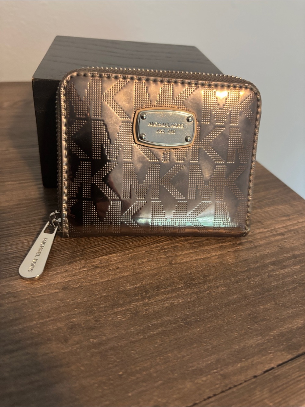 Michael Kors Pewter Metallic MK Logo Zip Wallet